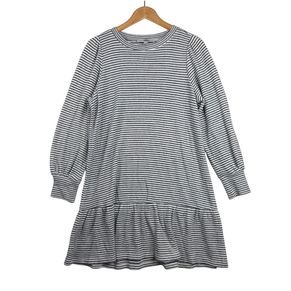 Loft Women's Striped Long Sleeve Ruffle Hem Dress size Large Petite White/Black